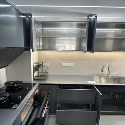 Armários de cozinha em aço inoxidável para exteriores, tamanhos personalizáveis, estilo moderno, com pia, gaveta deslizante e acessórios de armazenamento